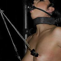 Satine Phoenix locked in an iron cage, gagged and made to cum.