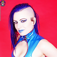 blue haired punk slut in rubber dress and high heels