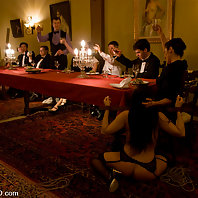 Kinky Dinner Party with Slaves Serving under the table