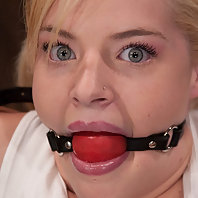 19 year old blonde in pigtails, bound in metal and made to cum over and over.