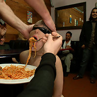 New girl tied up and humiliated in public, made to squeal like a pig while eating spaghetti